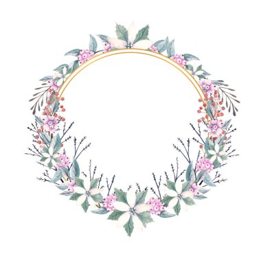 Altın çokgen çerçeveli kış suluboya kar böğürtlenleri ve poinsettia çiçekleri ile. Elle çizilmiş illüstrasyon. Davetiyeler, tebrik kartları, baskılar, posterler, reklamlar için.