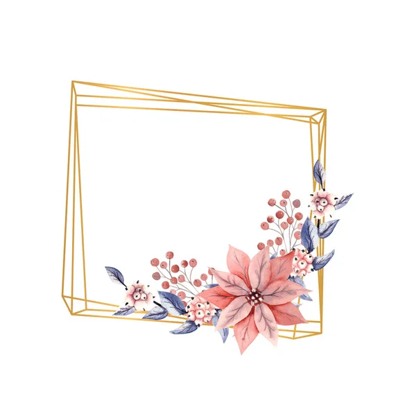 Winteraquarel in een gouden polygonaal frame met takjes sneeuwbessen en poinsettia bloemen. Handgetekende illustratie. Voor uitnodigingen, wenskaarten, prenten, affiches, reclame — Stockfoto