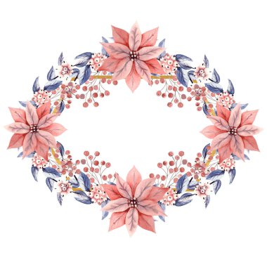 Elmas şeklinde bir çerçevede, kar çileği dalları ve Poinsettia çiçekleriyle suluboya. Elle çizilmiş illüstrasyon. Davetiyeler, tebrik kartları, baskılar, posterler, reklamlar için..
