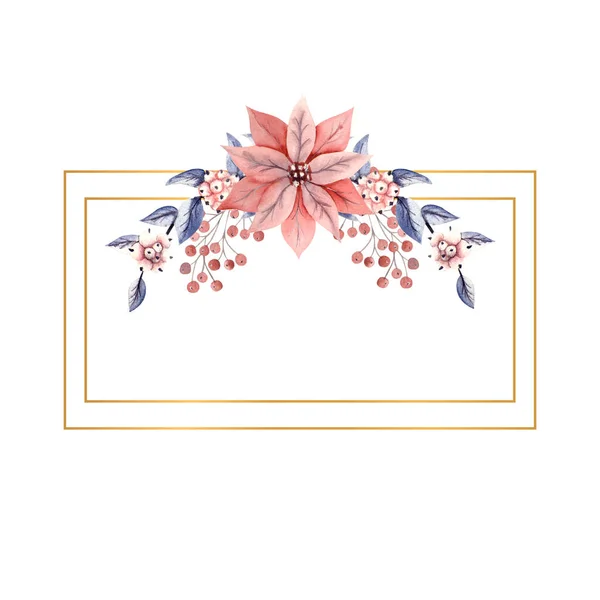 Winteraquarel in een rechthoekig horizontaal frame met bessen twijgen en poinsettia bloemen. Handgetekende illustratie. Voor uitnodigingen, wenskaarten, prenten, affiches, reclame — Stockfoto