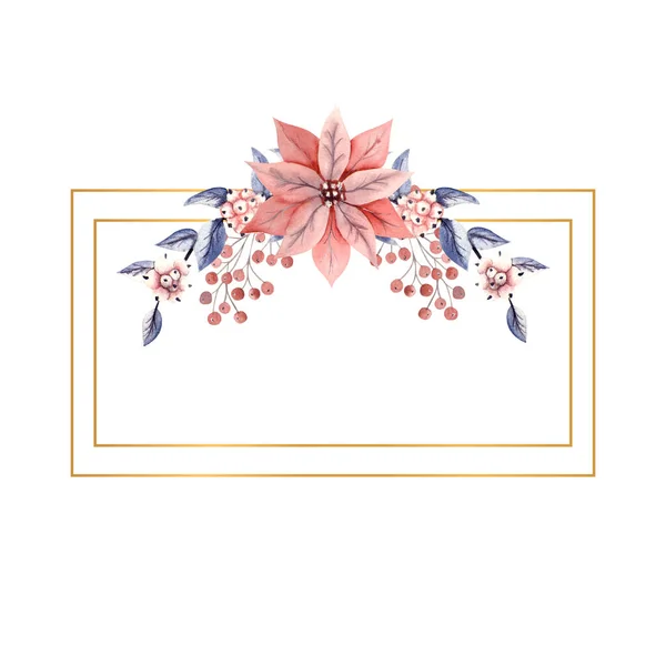 Aquarelle d'hiver dans un cadre horizontal rectangulaire avec des brindilles de mûres et des fleurs de poinsettia. Illustration dessinée à la main. Pour les invitations, cartes de vœux, impressions, affiches, publicité — Photo