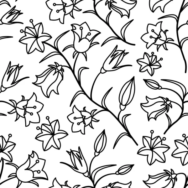 Ένα μοτίβο χωρίς ραφή με λουλούδια καμπάνας. Μαύρο περίγραμμα σε λευκό φόντο. Εικονογράφηση διανύσματος — Διανυσματικό Αρχείο
