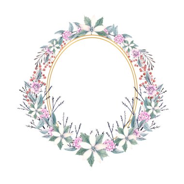 Altın çokgen çerçeveli kış suluboya kar böğürtlenleri ve poinsettia çiçekleri ile. Elle çizilmiş illüstrasyon. Davetiyeler, tebrik kartları, baskılar, posterler, reklamlar için.