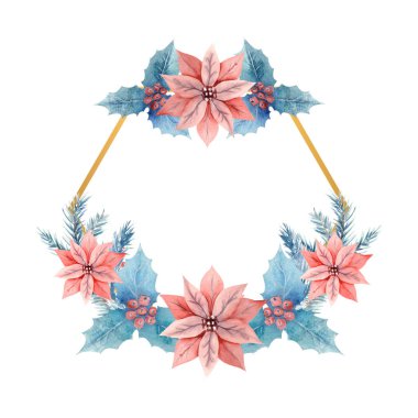 Altın çokgen çerçeveli kış suluboyası, Holly, böğürtlen ve poinsettia çiçekleri. Elle çizilmiş illüstrasyon. Davetiyeler, tebrik kartları, baskılar, posterler, reklamlar için.