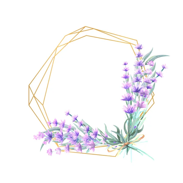 Flores de lavanda en un marco de oro poligonal. Ilustración de acuarela dibujada a mano. Para invitaciones, tarjetas de felicitación, impresiones, carteles, publicidad — Foto de Stock