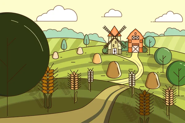 Пейзаж с мельницей и сараем посреди поля с пшеницей. Векторная иллюстрация — стоковый вектор