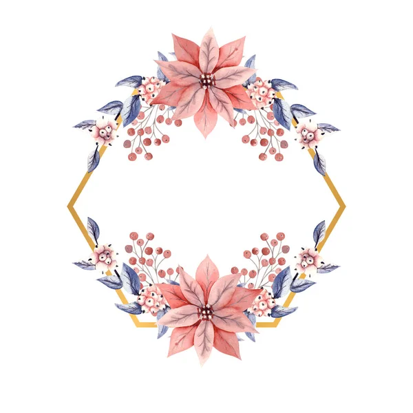 Aquarelle d'hiver dans un cadre polygonal doré avec des branches de baies de neige et des fleurs de poinsettia. Illustration dessinée à la main. Pour les invitations, cartes de vœux, impressions, affiches, publicité — Photo