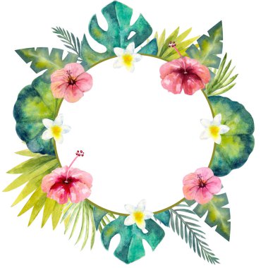 Renkli tropik yapraklardan oluşan suluboya çerçeve. Davetiyeler, tebrik kartları ve duvar kağıtları için.