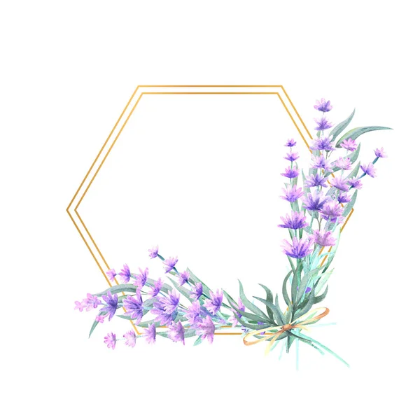 Fiori di lavanda in una cornice in oro poligonale. Illustrazione ad acquerello disegnata a mano. Per inviti, biglietti di auguri, stampe, manifesti, pubblicità — Foto Stock