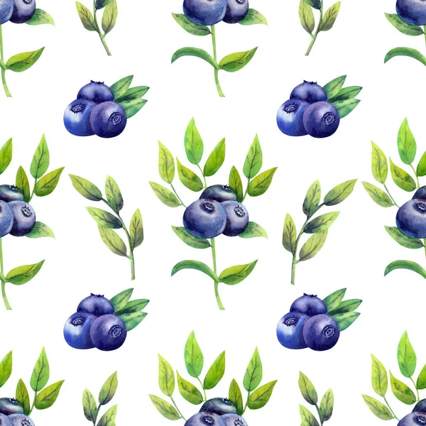 Nahtloses Muster mit reifen Blaubeeren auf weißem, isoliertem Hintergrund. Aquarellillustration. — Stockfoto