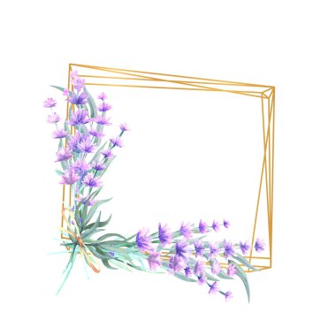 Kare altın çerçeveli lavanta çiçekleri. El yapımı suluboya çizimi. Davetiyeler, tebrik kartları, baskılar, posterler, reklamlar için.