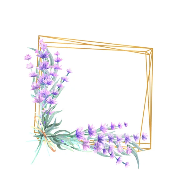 Levendula virágok négyszögletes arany keretben. Kézzel rajzolt akvarell illusztráció. Meghívókhoz, üdvözlőlapokhoz, nyomtatványokhoz, plakátokhoz, hirdetésekhez — Stock Fotó