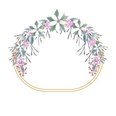 Altın oval çerçeveli, kar böğürtlenli ve noktalı çiçekli kış suluboyası. Elle çizilmiş illüstrasyon. Davetiyeler, tebrik kartları, baskılar, posterler, reklamlar için.