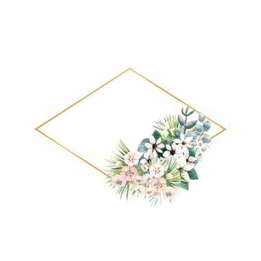 Elmas şeklinde altın çerçeveli küçük aktinidia, bouvardia, tropikal ve palmiye yaprakları. Şık bir davetiye tasarlamak için çerçeveli bir düğün buketi. Suluboya çizimi