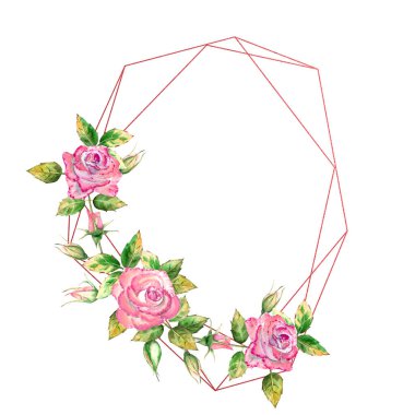 Geometrik çerçeve çiçeklerle süslenmiş. Pembe güller, yeşil yapraklar, açık ve kapalı çiçekler. Hassas suluboya çizimi