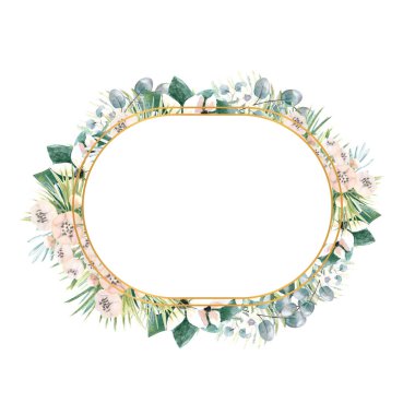 Oval altın çerçeveli küçük aktinidia çiçekleri, Bouvardia, tropikal ve palmiye yaprakları. Şık bir davetiye tasarlamak için çerçeveli bir düğün buketi. Suluboya çizimi