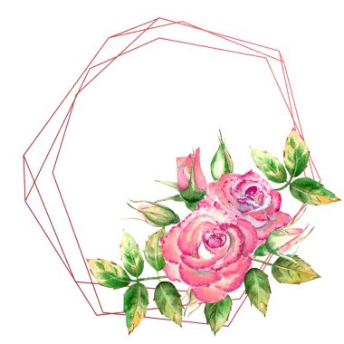 Geometrik çerçeve çiçeklerle süslenmiş. Pembe güller, yeşil yapraklar, açık ve kapalı çiçekler. Hassas suluboya çizimi