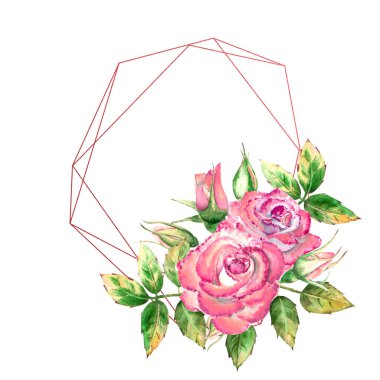 Geometrik çerçeve çiçeklerle süslenmiş. Pembe güller, yeşil yapraklar, açık ve kapalı çiçekler. Hassas suluboya çizimi