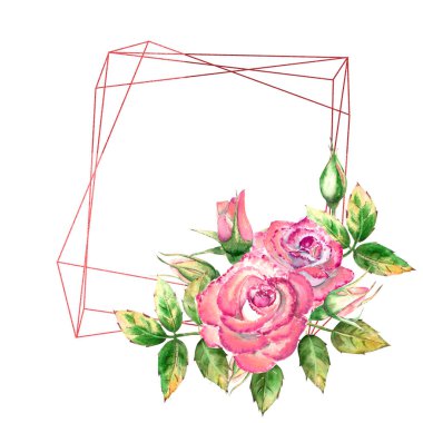 Geometrik çerçeve çiçeklerle süslenmiş. Pembe güller, yeşil yapraklar, açık ve kapalı çiçekler. Hassas suluboya çizimi