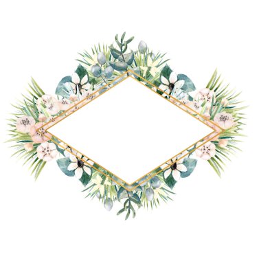 Elmas şeklinde altın çerçeveli küçük aktinidia, bouvardia, tropikal ve palmiye yaprakları. Şık bir davetiye tasarlamak için çerçeveli bir düğün buketi. Suluboya çizimi