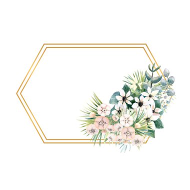 Altıgen altın çerçeveli küçük aktinidia, bouvardia, tropikal ve palmiye yapraklı. Şık bir davetiye tasarlamak için çerçeveli bir düğün buketi. Suluboya çizimi