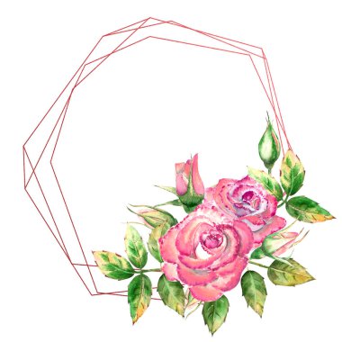 Geometrik çerçeve çiçeklerle süslenmiş. Pembe güller, yeşil yapraklar, açık ve kapalı çiçekler. Hassas suluboya çizimi