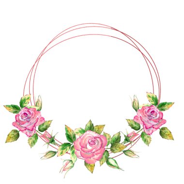 Geometrik çerçeve çiçeklerle süslenmiş. Pembe güller, yeşil yapraklar, açık ve kapalı çiçekler. Hassas suluboya çizimi