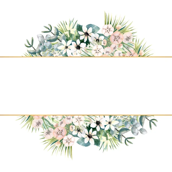Rechteckiger Goldrahmen mit kleinen Blüten aus Aktinidien, Bouvardien, tropischen und Palmblättern. Hochzeitsstrauß im Rahmen für die Gestaltung einer stilvollen Einladung. Aquarell-Illustration — Stockfoto