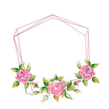 Geometrik çerçeve çiçeklerle süslenmiş. Pembe güller, yeşil yapraklar, açık ve kapalı çiçekler. Hassas suluboya çizimi