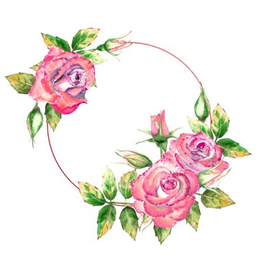 Geometrik çerçeve çiçeklerle süslenmiş. Pembe güller, yeşil yapraklar, açık ve kapalı çiçekler. Hassas suluboya çizimi