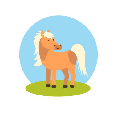 Gökyüzüne karşı çimenlikte düz bir tarzda bir at. Beyaz izole bir arkaplanda simge. Vektör illüstrasyonu