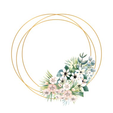 Yuvarlak altın çerçeveli küçük aktinidia çiçekleri, Bouvardia, tropikal ve palmiye yaprakları. Şık bir davetiye tasarlamak için çerçeveli bir düğün buketi. Suluboya çizimi