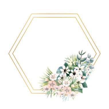 Küçük aktinidia, Bouvardia, tropik ve palmiye yapraklı çerçeveler. Şık bir davetiye tasarlamak için çerçeveli bir düğün buketi. Suluboya çizimi