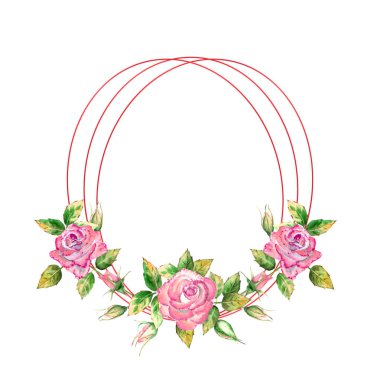 Geometrik çerçeve çiçeklerle süslenmiş. Pembe güller, yeşil yapraklar, açık ve kapalı çiçekler. Hassas suluboya çizimi