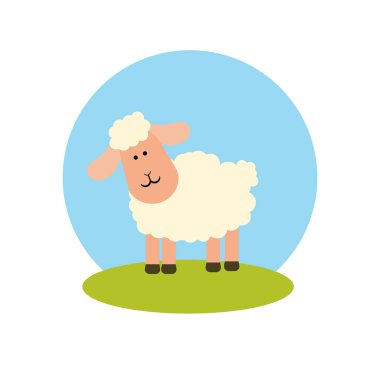 Gökyüzüne karşı çimenlikte düz bir şekilde bir koyun. Beyaz izole bir arkaplanda simge. Vektör illüstrasyonu