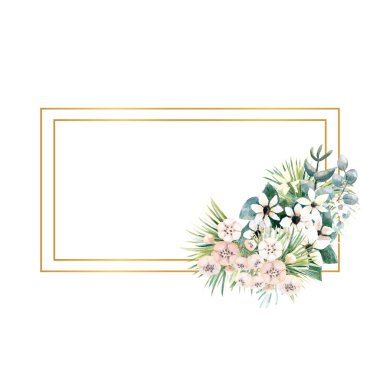 Dikdörtgen altın çerçeveli küçük aktinidia çiçekleri, bouvardia, tropik ve palmiye yaprakları. Şık bir davetiye tasarlamak için çerçeveli bir düğün buketi. Suluboya çizimi
