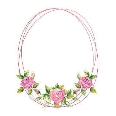 Geometrik çerçeve çiçeklerle süslenmiş. Pembe güller, yeşil yapraklar, açık ve kapalı çiçekler. Hassas suluboya çizimi