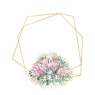 Geometrik altın çerçeveli protea çiçekleri, tropikal yapraklar, palmiye yaprakları, bouvardia çiçekleri. Şık bir davetiye tasarlamak için çerçeveli bir düğün buketi. Suluboya çizimi