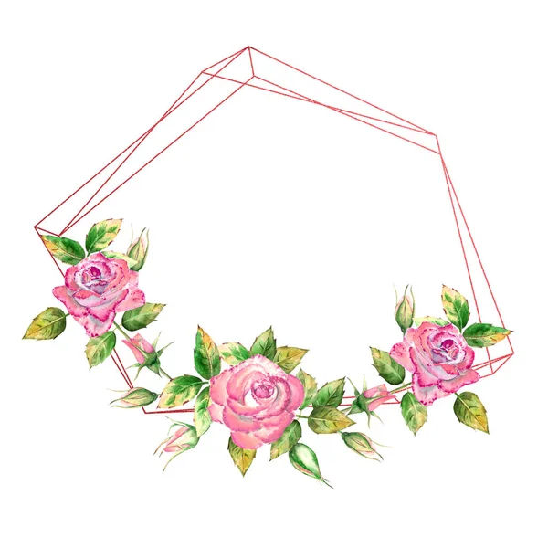 La cornice geometrica è decorata con fiori. Rose rosa, foglie verdi, fiori aperti e chiusi. Delicata illustrazione ad acquerello — Foto Stock