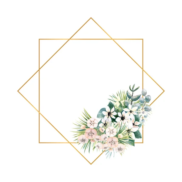 Marco cuadrado de oro con pequeñas flores de actinidia, bouvardia, hojas tropicales y de palma. Ramo de boda en un marco para el diseño de una invitación elegante. Ilustración en acuarela — Foto de Stock