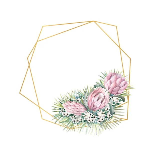 Moldura com flores de protea, folhas tropicais, folhas de palma, flores bouvardia. Buquê de casamento em uma moldura para o design de um convite elegante. Ilustração aquarela — Fotografia de Stock