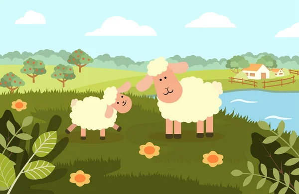 Овца с ягненком на фоне сельской местности в плоском стиле. Векторная иллюстрация — стоковый вектор