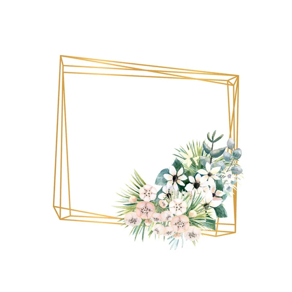 Geometrisk guldram med små blommor av aktinidia, bouvardia, tropiska blad och palmblad. Bröllopsbukett i en ram för utformningen av en elegant inbjudan. Illustration av akvarell — Stockfoto