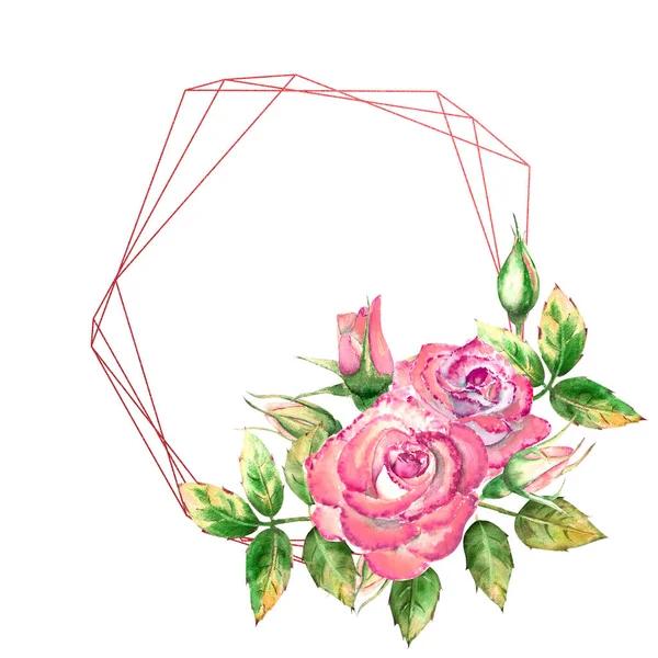 几何框架装饰着花.粉红色的玫瑰，绿叶，开的和关的花。精美的水彩画 — 图库照片