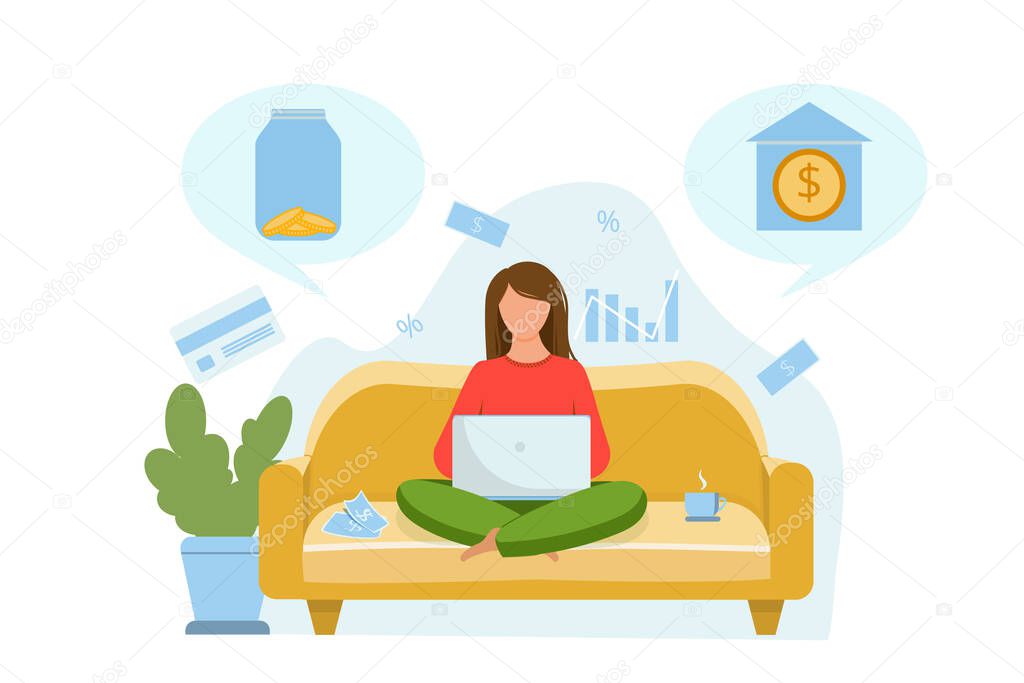 The girl is sitting on the couch and thinking about where to invest the money. Invest in a bank or store money in a glass jar. Vector flat illustration