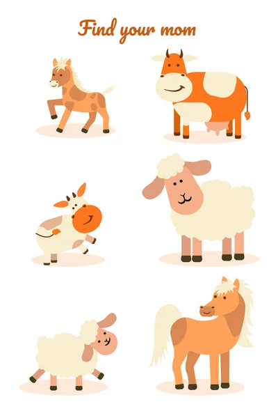 Educatieve kinderen zoeken je moeder. Schaap, paard, koe, lam, veulen, kalf op een witte geïsoleerde achtergrond. Vector platte illustratie. — Stockvector