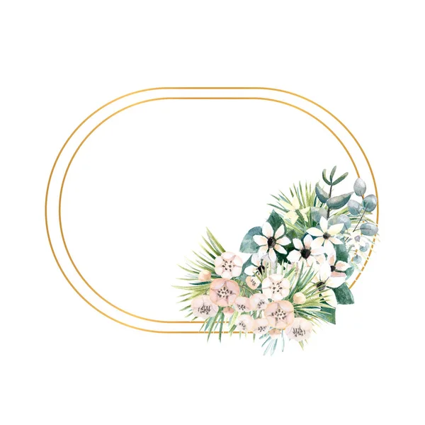 Moldura de ouro oval com pequenas flores de actinidia, bouvardia, folhas tropicais e de palma. Buquê de casamento em uma moldura para o design de um convite elegante. Ilustração aquarela — Fotografia de Stock