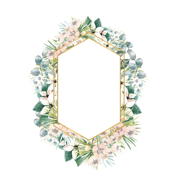 Moldura de ouro hexagonal com pequenas flores de actinidia, bouvardia, folhas tropicais e de palma. Buquê de casamento em uma moldura para o design de um convite elegante. Ilustração aquarela — Fotografia de Stock
