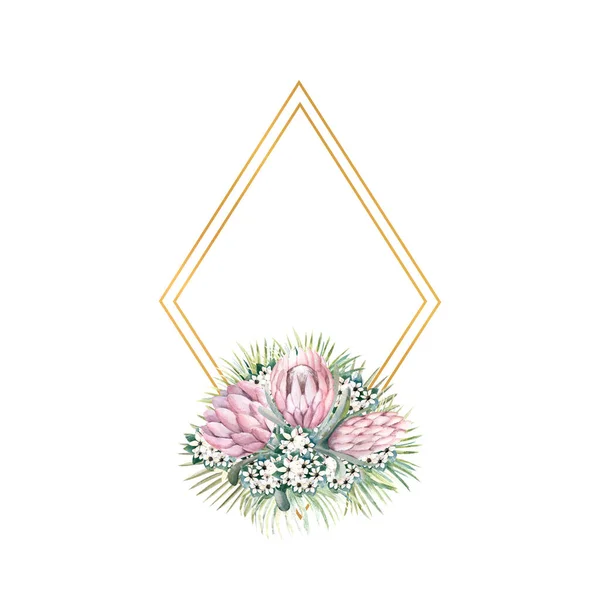 Gyémánt alakú arany keret proteavirágokkal, trópusi levelekkel, pálmalevélekkel, bouvardia virágokkal. Esküvői csokor egy keretet a design egy stílusos meghívót. Akvarell illusztráció — Stock Fotó
