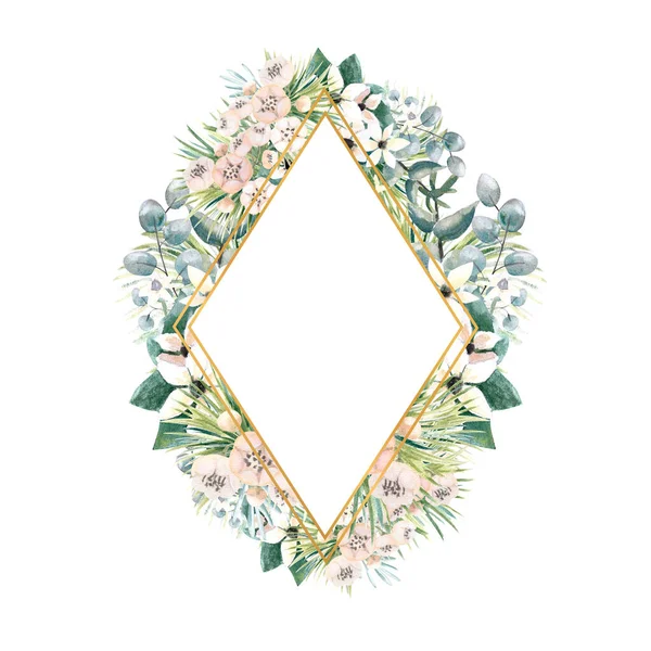 Moldura de ouro em forma de diamante com pequenas flores de actinidia, bouvardia, folhas tropicais e de palma. Buquê de casamento em uma moldura para o design de um convite elegante. Ilustração aquarela — Fotografia de Stock